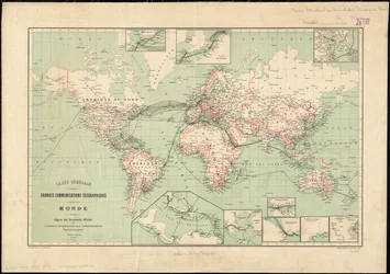 Kansainvälisen lennätintoimiston julkaisema lennätinlinjojen maailmankartta, 1901. Mittakaava: [noin 1:70 000 000]